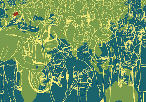 drawing of a diverse crowd ober an abstract background of a world map
